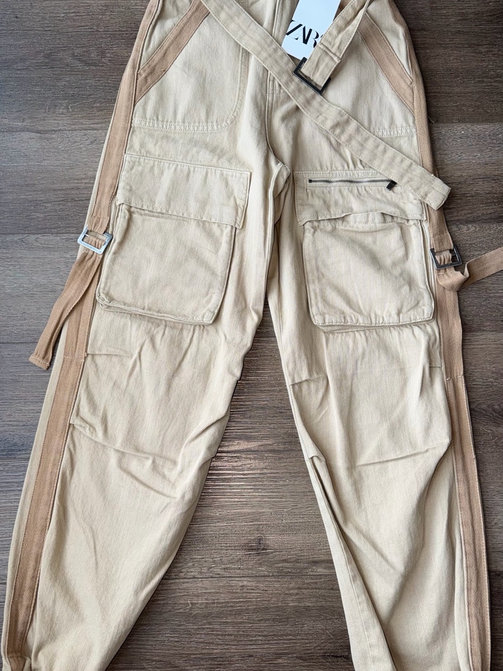 Zara Cream Utility Cargo Pants with Tan Side Straps
